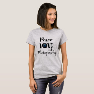 Gray Peace Love and Photography Camera Lens T-Shirt