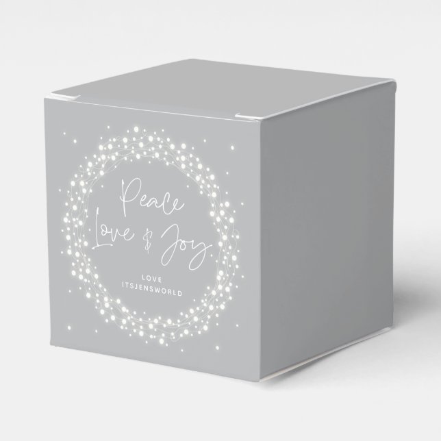 Gray Peace Love+Joy Christmas Sparkling Lights Favor Boxes (Front Side)