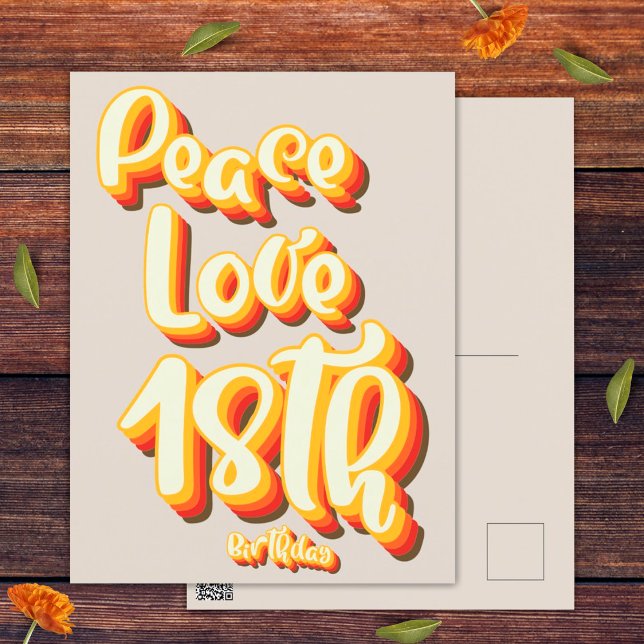 Gray Peace Love Retro Groovy 18th Happy Birthday Postcard (Front and Back)