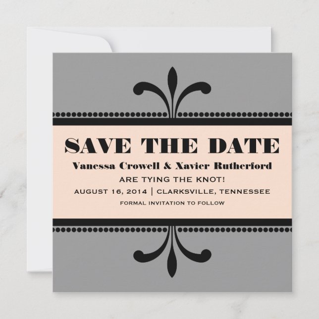 Gray/Peach Fancy Art Deco Save the Date Invite (Front)