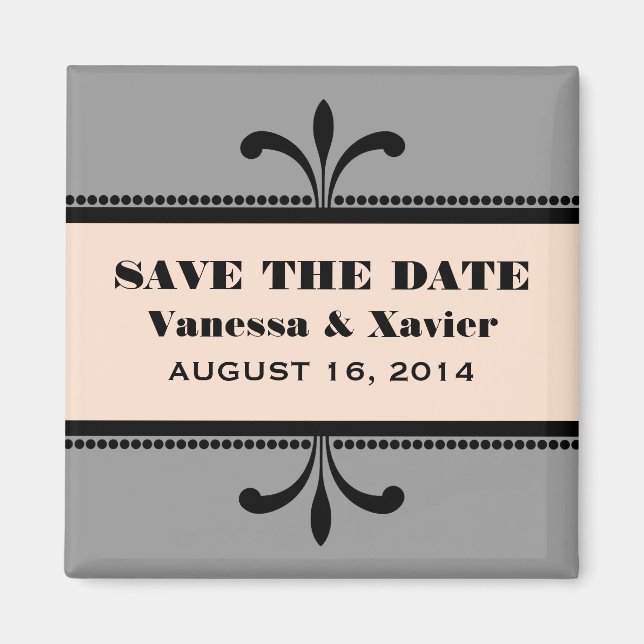Gray/Peach Fancy Art Deco Save the Date Magnet (Front)