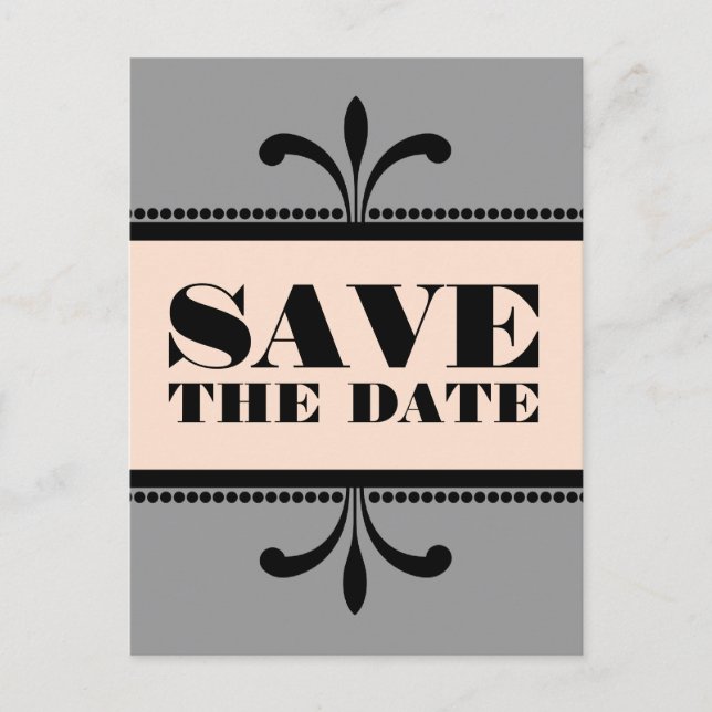 Gray/Peach Fancy Art Deco Save the Date Postcard (Front)