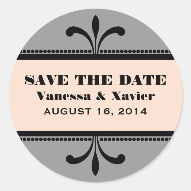 Gray/Peach Fancy Art Deco Save the Date Stickers (Front)