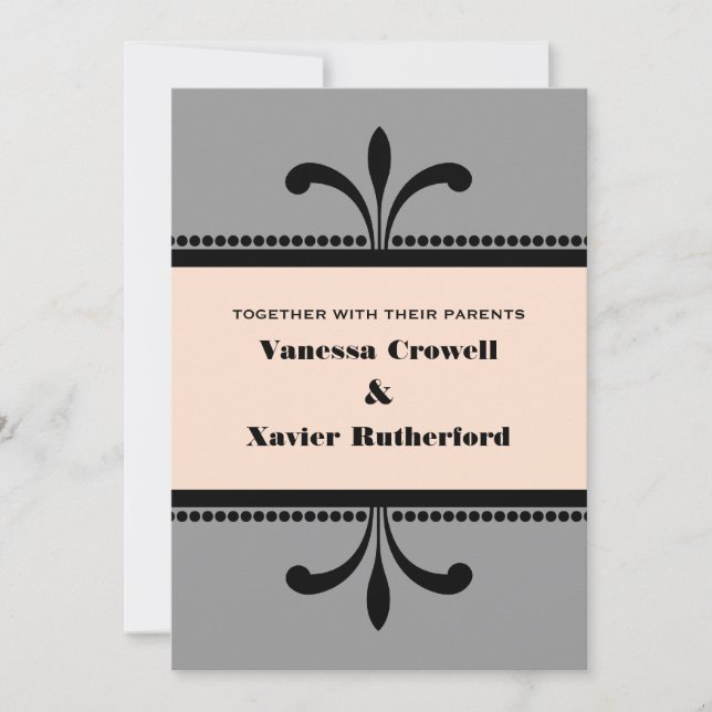 Gray/Peach Fancy Art Deco Wedding Invite (Front)