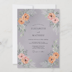 Gray Peach Floral Wreath Wedding Invitation