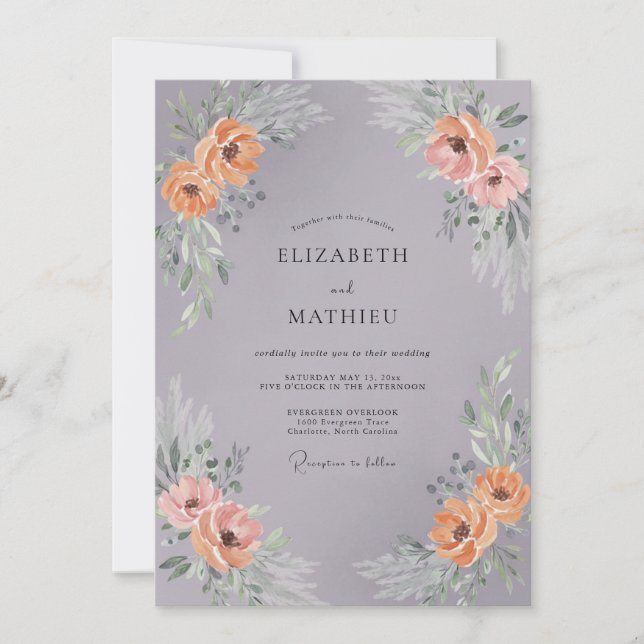 Gray Peach Floral Wreath Wedding Invitation (Front)