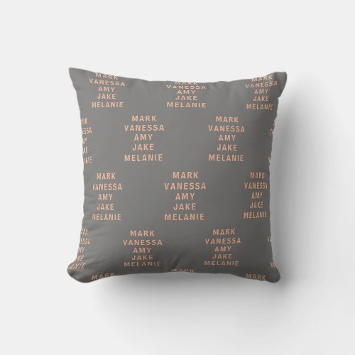 Gray Peach Modern Names Pattern Centered Throw Pillow