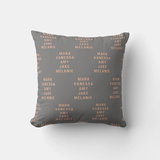 Gray Peach Modern Names Pattern Centered Throw Pillow (Front)