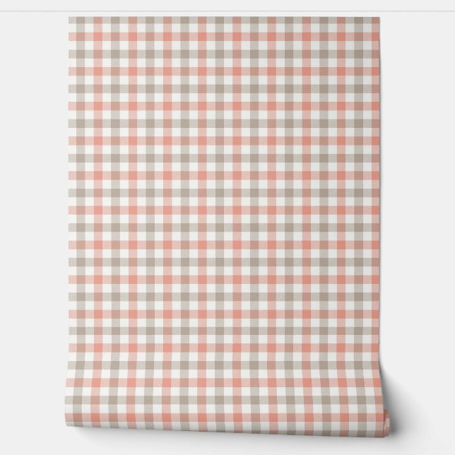 Gray Peach Pink Stripe Plaid Retro Style Wallpaper (Unrolling)