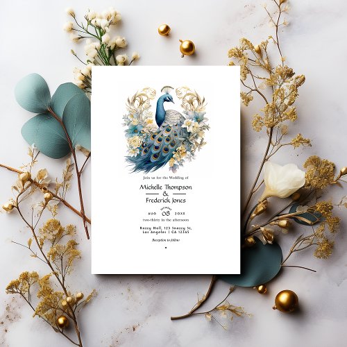 Gray Peacock Blue and Gold Floral Winter Wedding Invitation