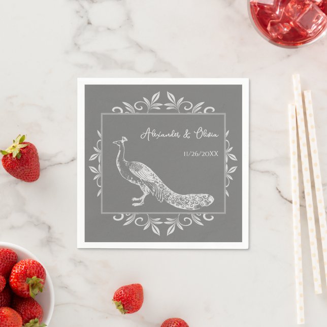Gray Peacock Flourish Bridal Shower Napkins (Insitu)