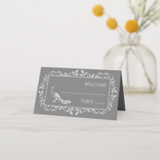 Gray Peacock Flourish Reception Place Card (Front)