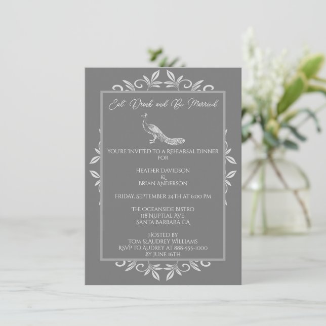 Gray Peacock Flourish Rehearsal Dinner Invitation (Standing Front)