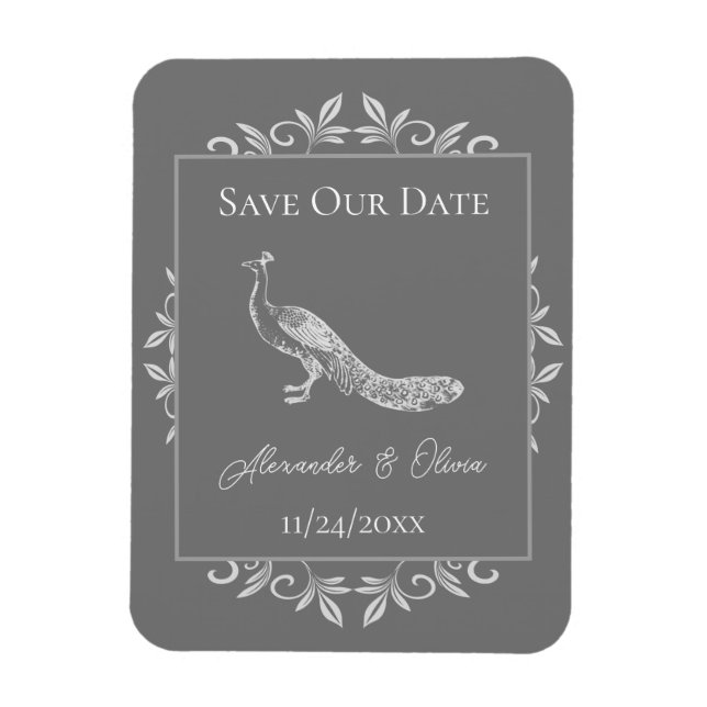Gray Peacock Flourish Save The Date Magnet (Vertical)