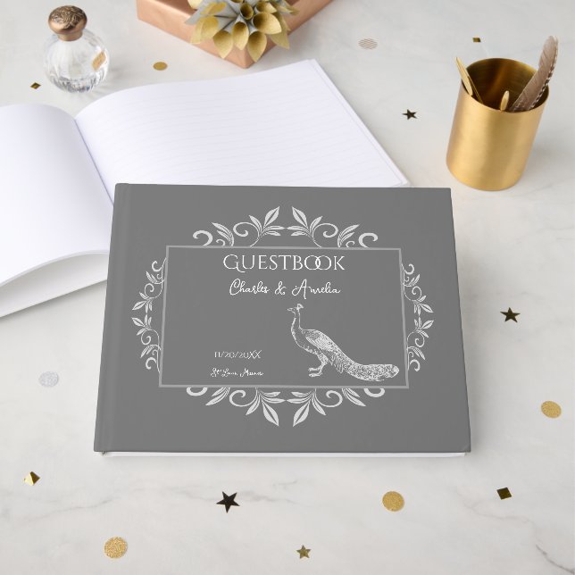 Gray Peacock Flourish Wedding Guest Book (Front Open)