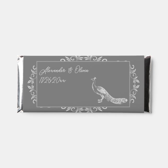 Gray Peacock Flourish Wedding Hershey Bar Favors (Front)
