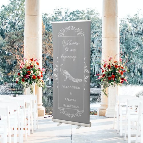 Gray Peacock Flourish Wedding Retractable Banner