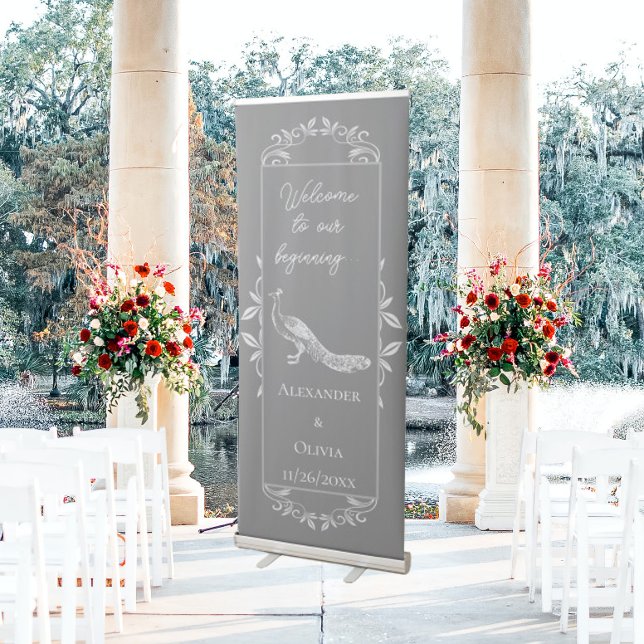 Gray Peacock Flourish Wedding Retractable Banner (Gray Peacock Flourish Wedding Welcome Banner)