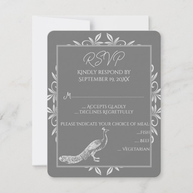 Gray Peacock Flourish Wedding RSVP Card (Front)