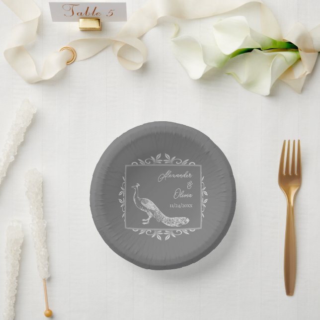 Gray Peacock Flourish Wedding Shower Paper Bowls (Wedding)