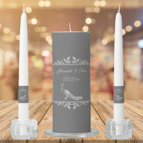 Gray Peacock Flourish Wedding Unity Candle Set