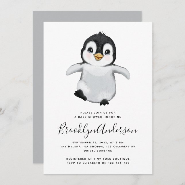 Gray Penguin Baby Shower Invitation (Front/Back)