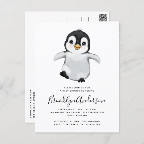 Gray Penguin Baby Shower Invitation Postcard
