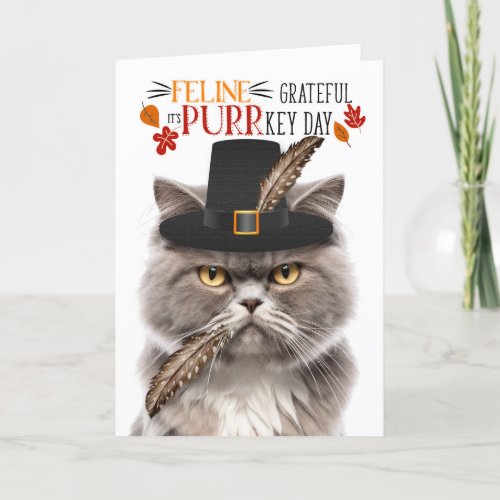 Gray Persian Cat Grateful for PURRkey Day Holiday Card
