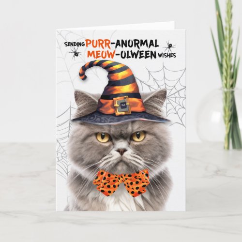 Gray Persian Cat PURRanormal MEOWolween Holiday Card