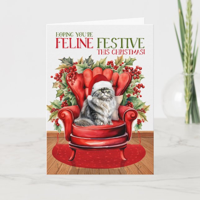 Gray Persian Christmas Cat FELINE Festive Holiday Card (Front)