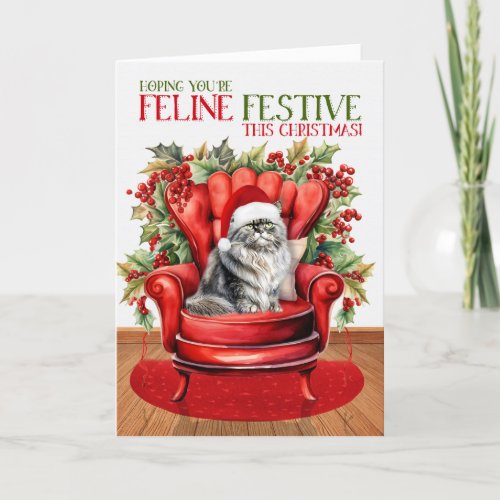 Gray Persian Christmas Cat FELINE Festive Holiday Card