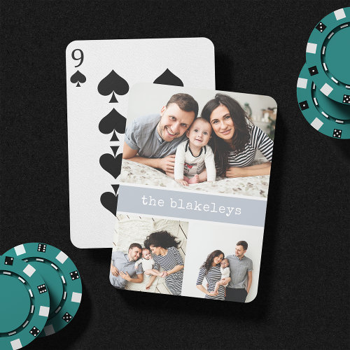 Gray | Personalized Family Name 3 Photo Collage Poker Cards