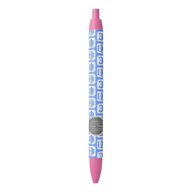 Gray Personalized Name Blue Owl Pattern Pen (Front Vertical)
