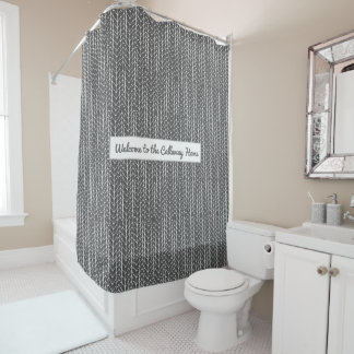Gray Personalized Rustic Herringbone Pattern Shower Curtain