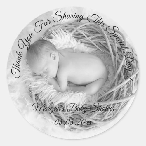 Gray Photo Baby Shower  Thank You Name Classic Round Sticker