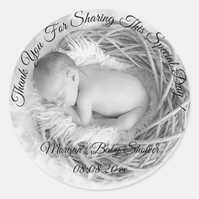 Gray Photo Baby Shower  Thank You Name Classic Round Sticker (Front)