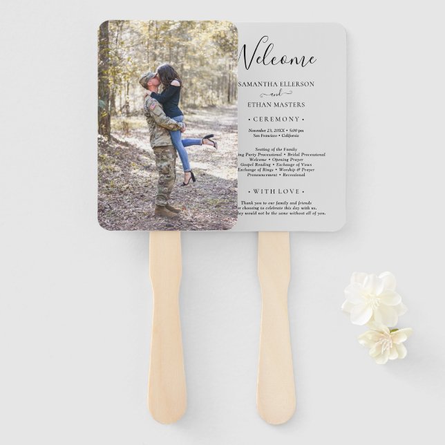 Gray Photo Classic Custom Wedding Program Hand Fan (Front and Back)