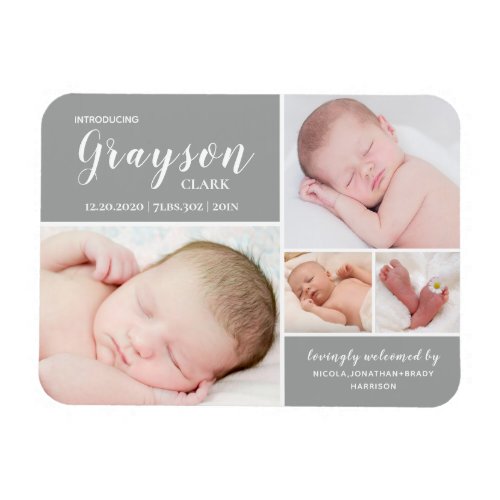 Gray Photo Collage Baby Birth Announcement  Magnet