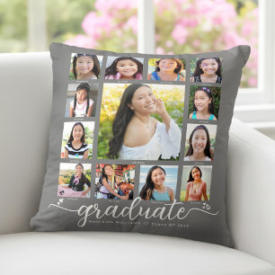 Gray Photo Collage Graduation K–12 Modern Script Throw Pillow