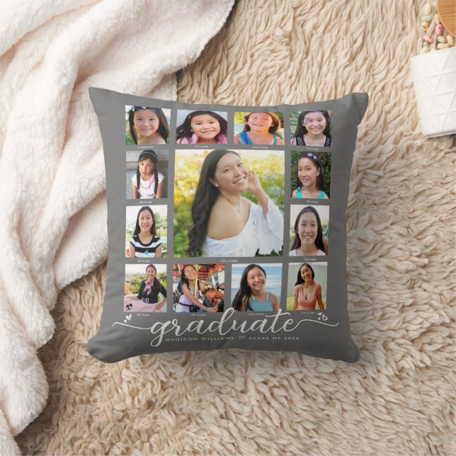Gray Photo Collage Graduation K–12 Modern Script Throw Pillow (Blanket)