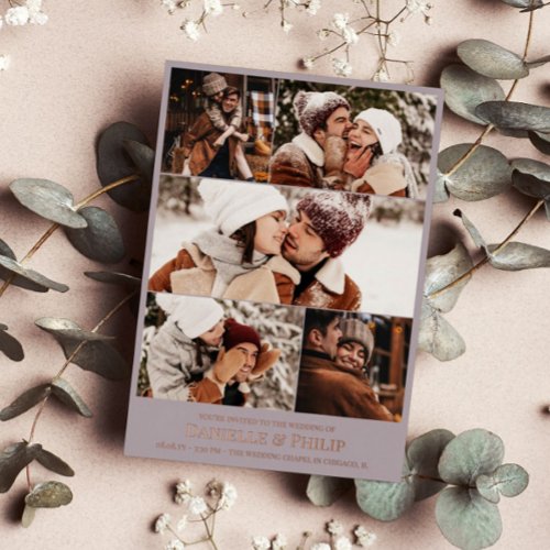 Gray Photo Collage Informal Wedding Rose Gold Foil Invitation