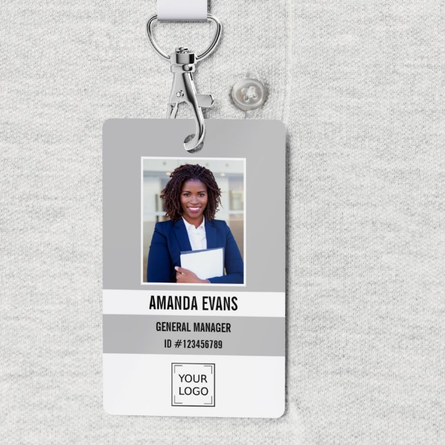 Gray | Photo Employee Logo or QR CODE Security Badge (Employee Security Id badge with Photo JOB TITLE, corporate logo or qr code. gray and white)