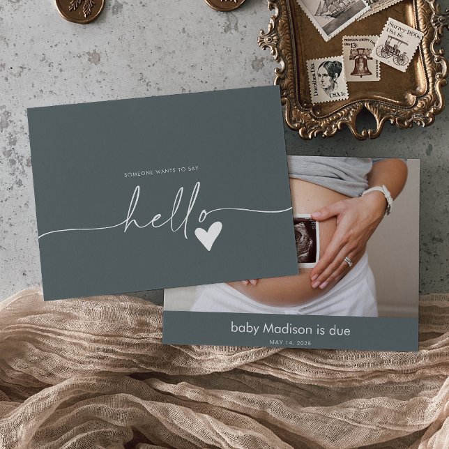  Gray Photo Hello Baby Announcement Card (Creator Uploaded)