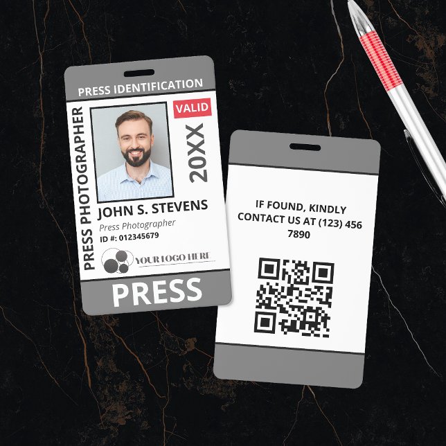 Gray Photo & Logo Press ID QR Code Badge (Creator Uploaded)