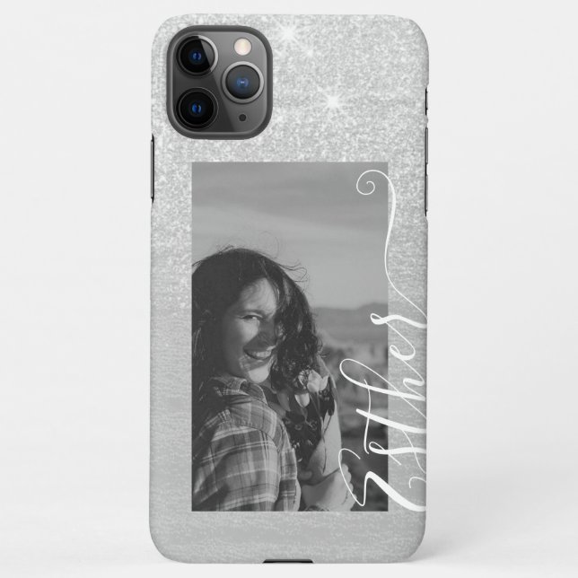 Gray Photo Template Calligraphy Hand Lettered Name iPhone Case (Back)