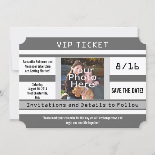 Gray Photo Ticket Save the Date Wedding Card
