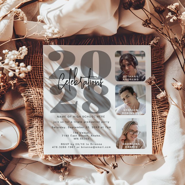 Gray Photo Triple Graduation Invitation (Creator Uploaded)