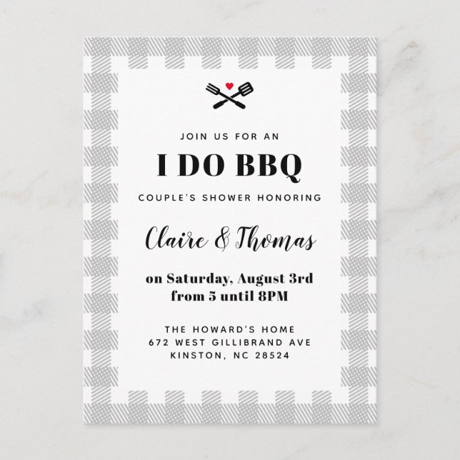Gray Picnic Plaid Cloth I Do BBQ Invitation Postcard (Front)