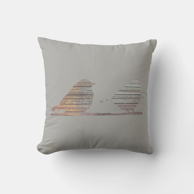 Gray Pillow With Two Faux Metal Birds (Front)