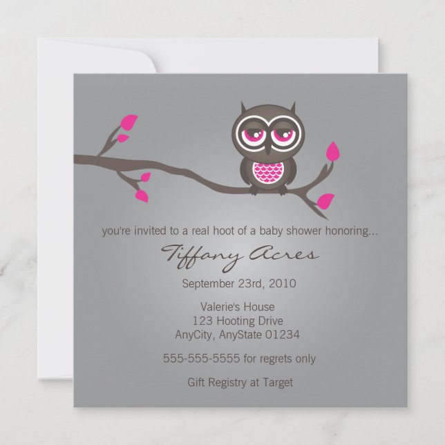 Gray, Pink and Brown Owl Invitation (Front)